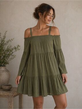 Doe & Rae Mini Dress Womens 10 Olive Green Rayon Bell Sleeve  Cottagecore‎ NWT